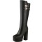 Square Toe Platforms Chunky Heels Knee Highs Crocodile Prints Double Straps Boots - Black Faux Leather