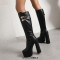 Square Toe Platforms Chunky Heels Knee Highs Crocodile Prints Double Straps Boots - Black Faux Leather