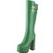 Square Toe Platforms Chunky Heels Knee Highs Crocodile Prints Double Straps Boots - Green Faux Leather