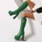Square Toe Platforms Chunky Heels Knee Highs Crocodile Prints Double Straps Boots - Green Faux Leather