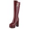 Square Toe Platforms Chunky Heels Knee Highs Crocodile Prints Double Straps Boots - Red Faux Leather