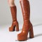 Square Toe Platforms Chunky Heels Knee Highs Snake Prints Boots - Brown Faux Leather