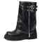 Round Toe Turned Over Side Zipper Buckle Straps Punk Boots - Black Faux Leather