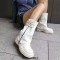 Round Toe Turned Over Side Zipper Buckle Straps Punk Boots - White Faux Leather