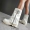 Round Toe Turned Over Side Zipper Buckle Straps Punk Boots - White Faux Leather