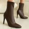 Pointed Toe Stiletto Heels Pull On Ankle Highs Boots - Brown Faux Leather