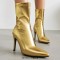Pointed Toe Stiletto Heels Pull On Ankle Highs Boots - Gold Faux Leather