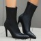 Pointed Toe Stiletto Heels Back Zipper Ankle Highs Boots - Black Faux Leather