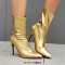 Pointed Toe Stiletto Heels Back Zipper Ankle Highs Boots - Gold Faux Leather