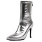 Pointed Toe Stiletto Heels Back Zipper Ankle Highs Boots - Silver Faux Leather