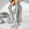Pointed Toe Stiletto Heels Zipper Over The Knee Thigh High Boots - Silver Faux Leather