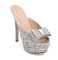 Peep Toe Stiletto Heels Sequins Mesh Rhinestones Bowtie Ribbon Platforms Sandals Slippers - Silver Sequined Cloth - Size 7.5 SPECIAL