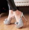 Peep Toe Stiletto Heels Sequins Mesh Rhinestones Bowtie Ribbon Platforms Sandals Slippers - Silver Sequined Cloth - Size 7.5 SPECIAL