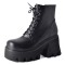 Square Toe Lace Up Platforms Side Zipper Chunky Heels Ankle Highs Boots - Black Faux Leather