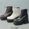 Square Toe Lace Up Platforms Side Zipper Chunky Heels Ankle Highs Boots - Black Faux Leather