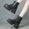Square Toe Lace Up Platforms Side Zipper Chunky Heels Ankle Highs Boots - Black Faux Leather