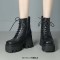 Square Toe Lace Up Platforms Side Zipper Chunky Heels Ankle Highs Boots - Black Faux Leather