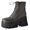 Square Toe Lace Up Platforms Side Zipper Chunky Heels Ankle Highs Boots - Brown Faux Leather