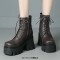 Square Toe Lace Up Platforms Side Zipper Chunky Heels Ankle Highs Boots - Brown Faux Leather