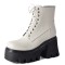 Square Toe Lace Up Platforms Side Zipper Chunky Heels Ankle Highs Boots - White Faux Leather
