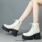 Square Toe Lace Up Platforms Side Zipper Chunky Heels Ankle Highs Boots - White Faux Leather