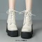 Square Toe Lace Up Platforms Side Zipper Chunky Heels Ankle Highs Boots - White Faux Leather