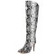 Pointed Toe Stiletto Heels Knee High Snake Print Boots - Black Faux Leather