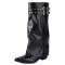 Pointed Toe Chunky Heels Knee Highs Riding Rivet Decorated Turned-over Edge Winter Boots - Black Faux Leather