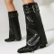 Pointed Toe Chunky Heels Knee Highs Riding Rivet Decorated Turned-over Edge Winter Boots - Black Faux Leather