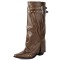 Pointed Toe Chunky Heels Knee Highs Riding Rivet Decorated Turned-over Edge Winter Boots - Brown Faux Leather