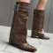 Pointed Toe Chunky Heels Knee Highs Riding Rivet Decorated Turned-over Edge Winter Boots - Brown Faux Leather