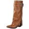 Pointed Toe Chunky Heels Knee Highs Riding Rivet Decorated Turned-over Edge Winter Boots - Dark Yellow Brown Faux Leather