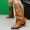 Pointed Toe Chunky Heels Knee Highs Riding Rivet Decorated Turned-over Edge Winter Boots - Dark Yellow Brown Faux Leather