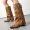 Pointed Toe Chunky Heels Knee Highs Riding Rivet Decorated Turned-over Edge Winter Boots - Light Yellow Brown Faux Leather