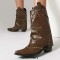 Pointed Toe Chunky Heels Knee Highs Short Riding Rivet Decorated Boots - Dark Brown Faux Leather