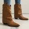 Pointed Toe Chunky Heels Knee Highs Short Riding Rivet Decorated Boots - Dark Yellow Brown Faux Leather