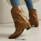 Pointed Toe Chunky Heels Knee Highs Short Riding Rivet Decorated Boots - Dark Yellow Brown Faux Leather