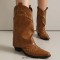 Pointed Toe Chunky Heels Knee Highs Short Riding Rivet Decorated Boots - Light Yellow Brown Faux Leather