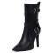 Pointed Toe Stiletto Heels Side Zipper Ankle Highs Buckle Straps Boots - Black Faux Leather