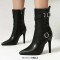 Pointed Toe Stiletto Heels Side Zipper Ankle Highs Buckle Straps Boots - Black Faux Leather