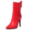 Pointed Toe Stiletto Heels Side Zipper Ankle Highs Buckle Straps Boots - Red Faux Leather