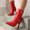 Pointed Toe Stiletto Heels Side Zipper Ankle Highs Buckle Straps Boots - Red Faux Leather