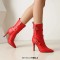 Pointed Toe Stiletto Heels Side Zipper Ankle Highs Buckle Straps Boots - Red Faux Leather