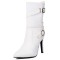 Pointed Toe Stiletto Heels Side Zipper Ankle Highs Buckle Straps Boots - White Faux Leather