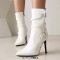 Pointed Toe Stiletto Heels Side Zipper Ankle Highs Buckle Straps Boots - White Faux Leather