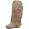 Round Toe Fringes Decorated Knee Highs Wedges Boots - Beige Flock