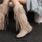 Round Toe Fringes Decorated Knee Highs Wedges Boots - Beige Flock