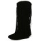 Round Toe Fringes Decorated Knee Highs Wedges Boots - Black Flock
