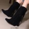 Round Toe Fringes Decorated Knee Highs Wedges Boots - Black Flock