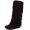Round Toe Fringes Decorated Knee Highs Wedges Boots - Brown Flock